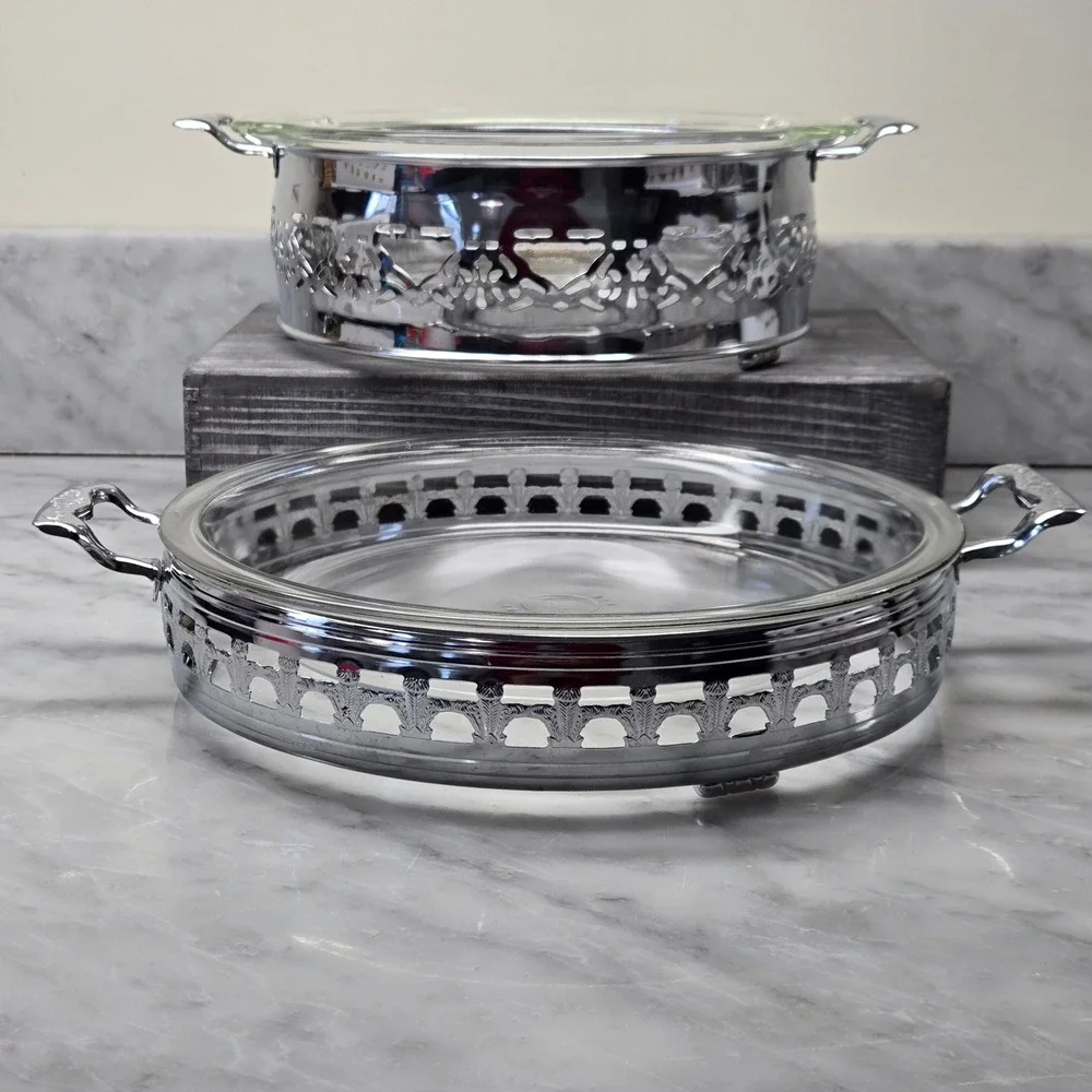 Vintage Fire-King and Pyrex Casserole Set with Silver Plated Filigree Carriers